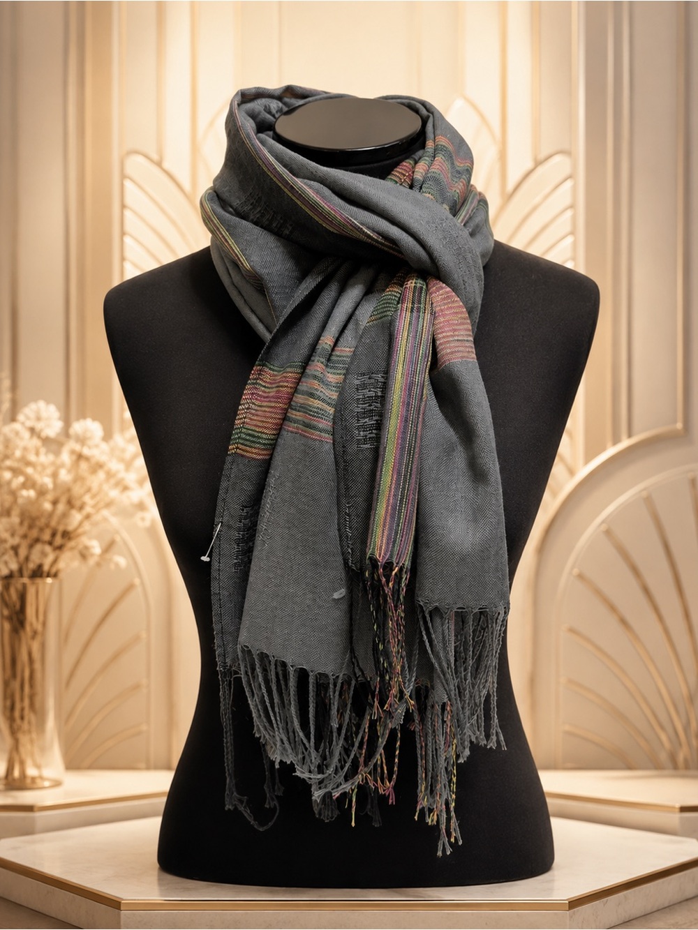 🆕 Stylish Gray Fringe Women's Scarf with Multicolor Plaid Stripe Accents